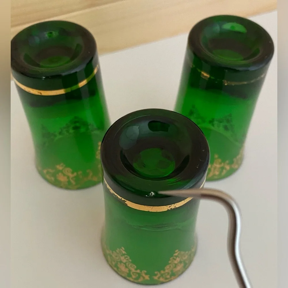 Vintage Emerald Green Gold Accent Shot Glasses Mid Century Barware Retro
